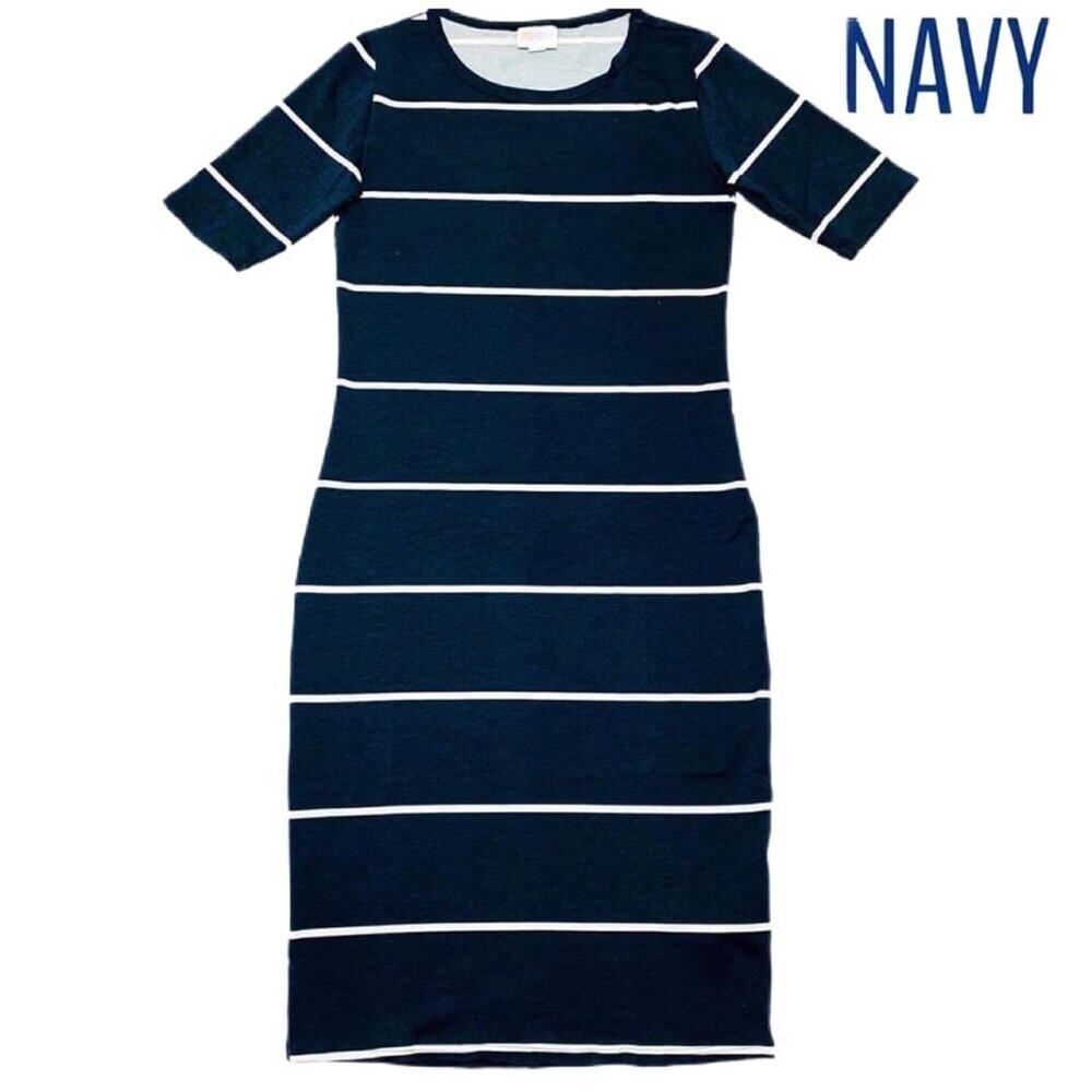 NEW L LuLaRoe Julia Pencil Dress Navy White Striped Slim Fitted Knee Length Midi